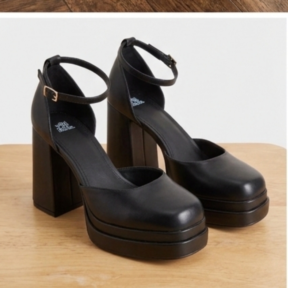 Wild Fable Black Square Toe Platform Block Heels Pumps Ankle Strap Size 8.5 - Picture 2 of 13